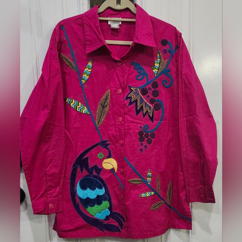 Vintage Spirit By Sandy Starkman Hot Pink Parrot Long Sleeve Blouse Women's  Lg